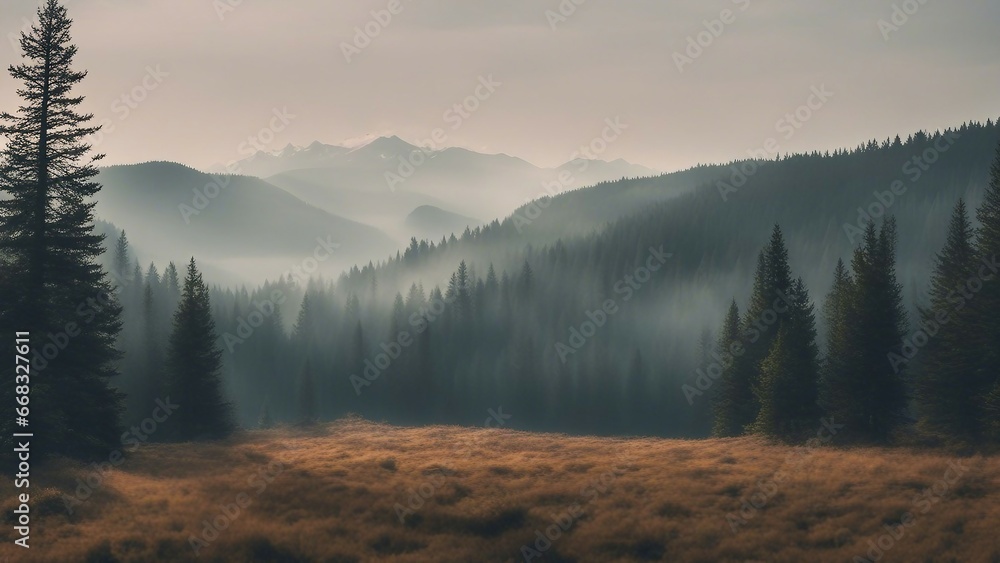 misty morning in the mountains misty landscape with fir forest in hipster vintage retro style  - obrazy, fototapety, plakaty 