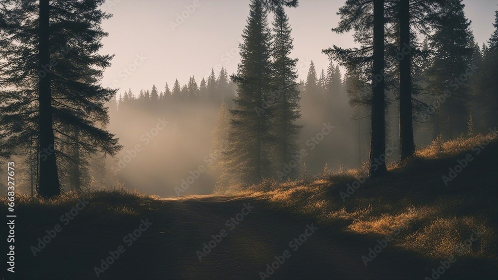 fog in the mountains misty landscape with fir forest in hipster vintage retro style