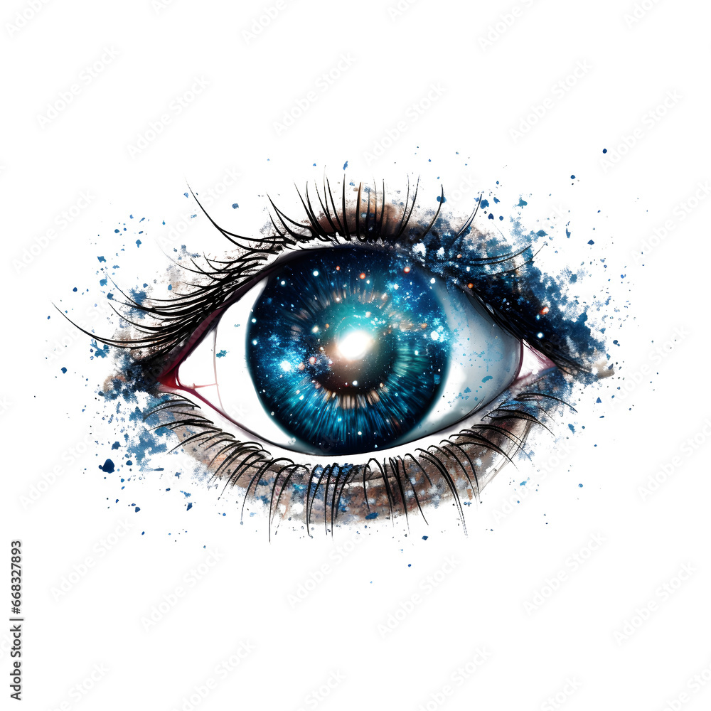 Eye of universe made of stars, clouds and galaxies isolated on transparent background Generative AI