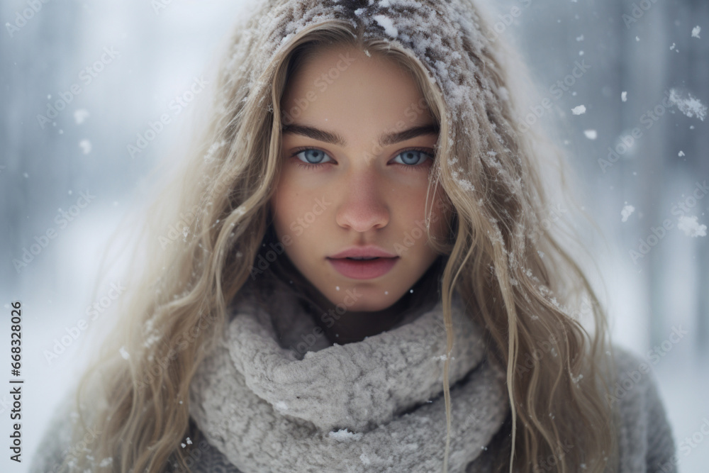 portrait of a young woman in winter snow falling on her hairs