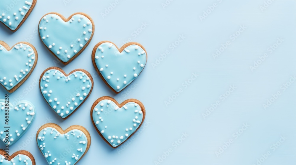 Fototapeta premium blue sugar glazed heart shaped cookies on the studio background, close up view, valentines day background
