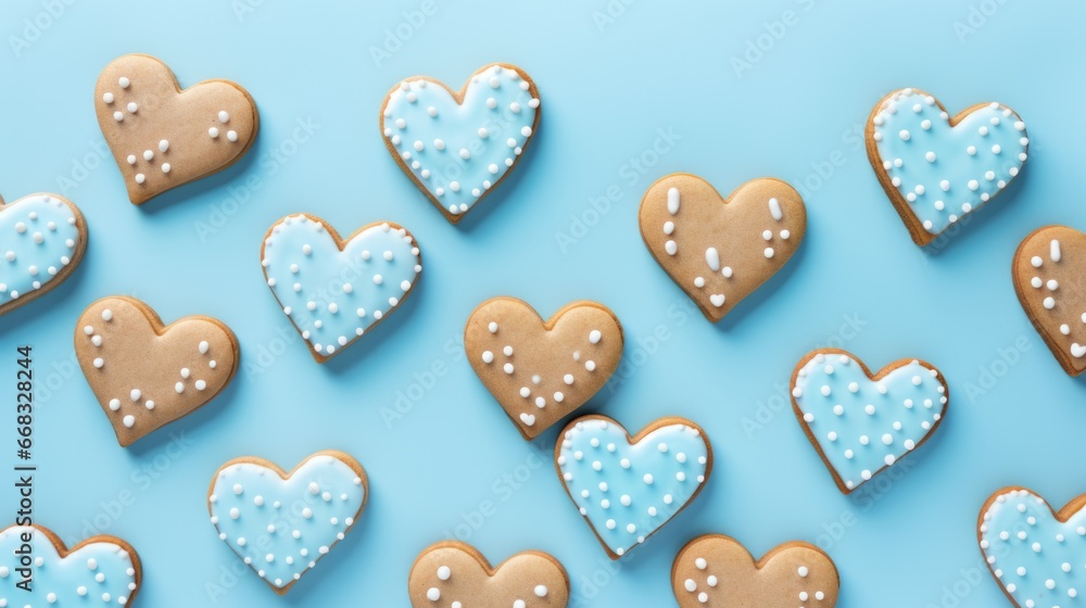 blue sugar glazed heart shaped cookies on the studio background, close up view, valentines day background blue sugar glazed heart shaped cookies on the studio background, close up view, valentines day background