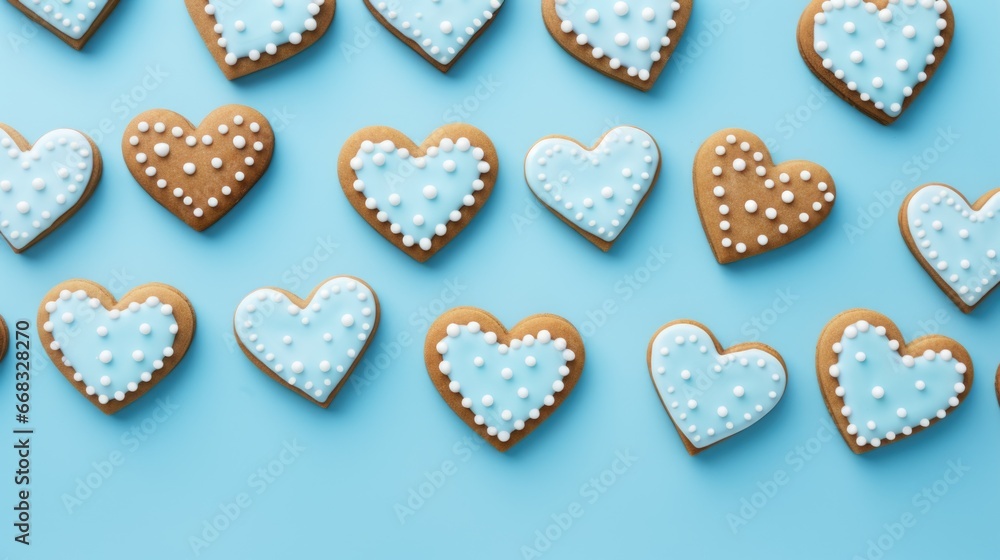 blue sugar glazed heart shaped cookies on the studio background, close up view, valentines day background blue sugar glazed heart shaped cookies on the studio background, close up view, valentines day background