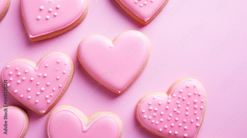 pink sugar glazed heart shaped cookies on the studio background, close up view, valentines day background