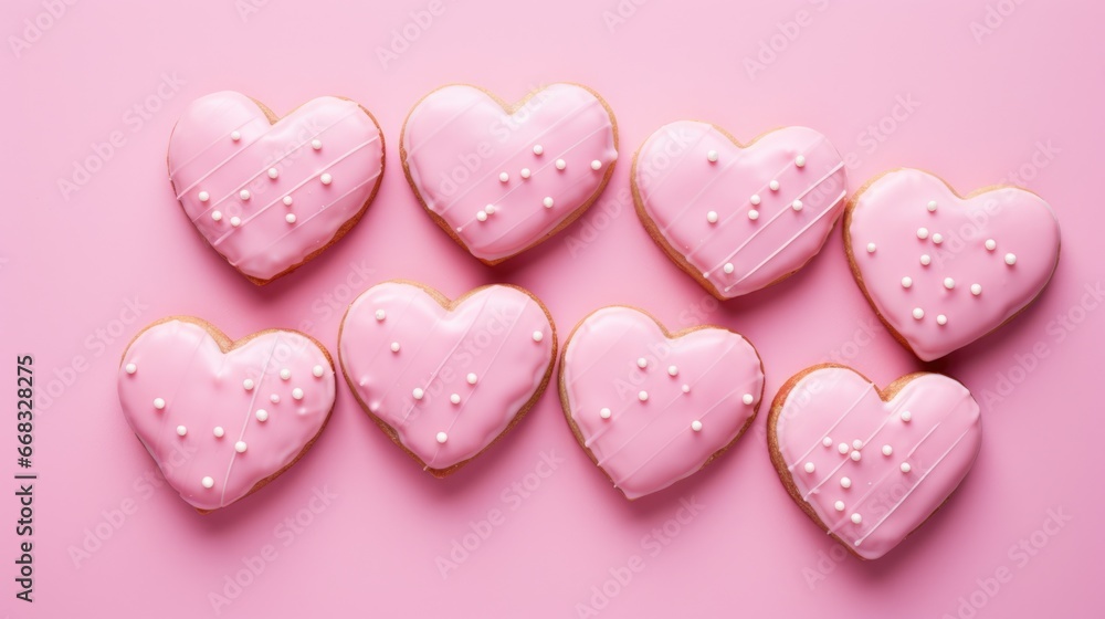 pink sugar glazed heart shaped cookies on the studio background, close up view, valentines day background