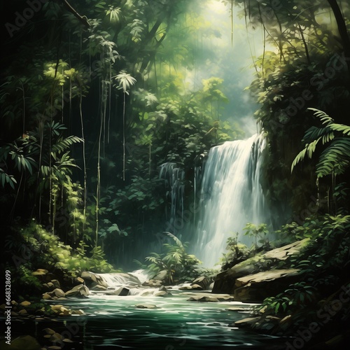 Jungle's Hidden Waterfall. Generative AI