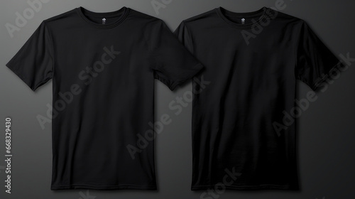 Two black T-shirts one size on a one color background. Mock up. Blank for creating promotional products with prints and logo