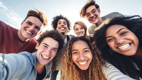 Big group of cheerful young friends taking selfie portrait. Happy people looking at the camera smiling.
