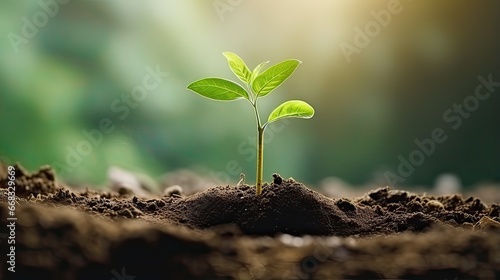 Young green plant growing in fertile soil with green bokeh background