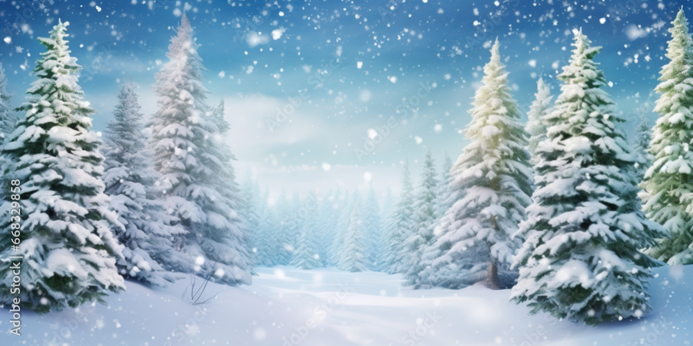 Snowy christmas tree background. Winter forest.