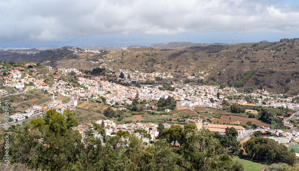 Panoramic view of Teror, a town between hills in the north of Gran Canaria island, Spain from a viewpoint