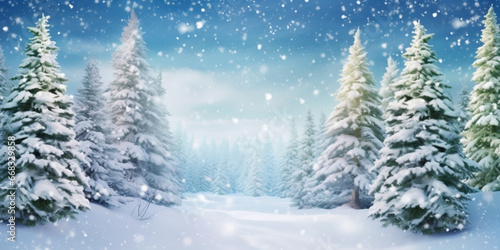 Snowy christmas tree background. Winter forest. © britaseifert