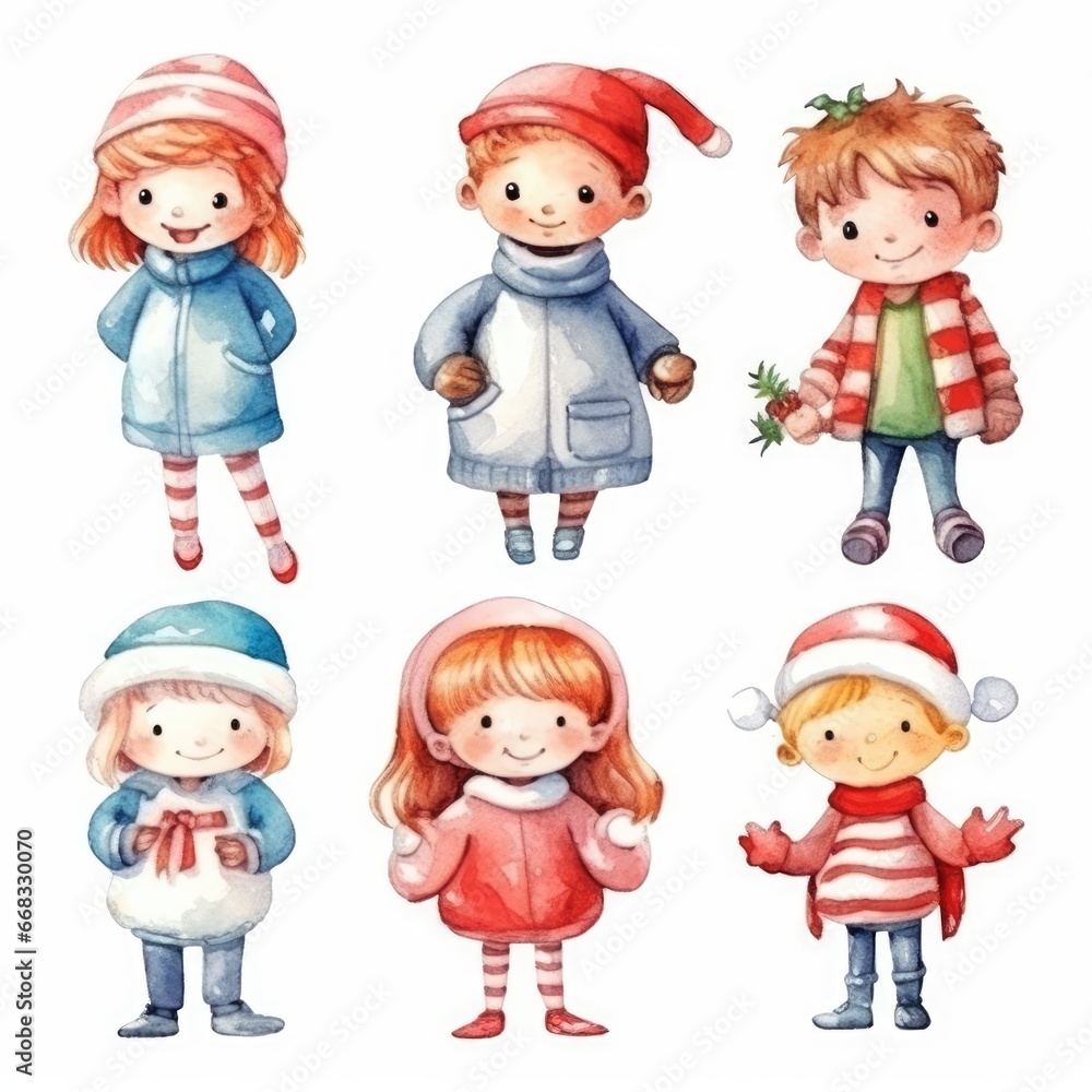 Set of Christmas watercolor hand drawn illustration of happy children in winter clothes. Cute Christmas holiday children Set of Christmas watercolor hand drawn illustration of happy children in winter clothes. Cute Christmas holiday children