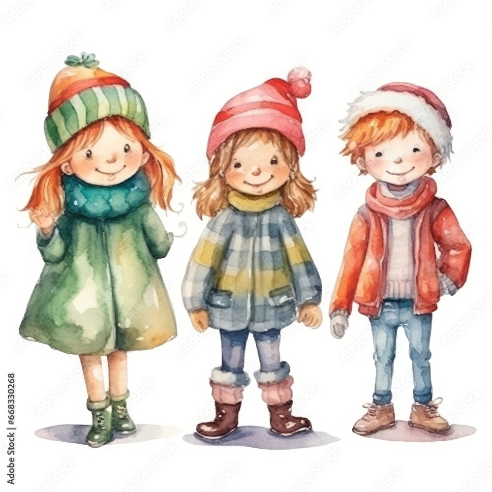 Set of Christmas watercolor hand drawn illustration of happy children in winter clothes. Cute Christmas holiday children Set of Christmas watercolor hand drawn illustration of happy children in winter clothes. Cute Christmas holiday children