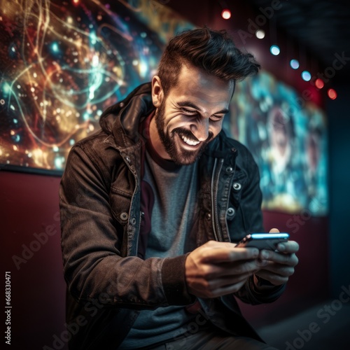 a man smiling while looking at his phone