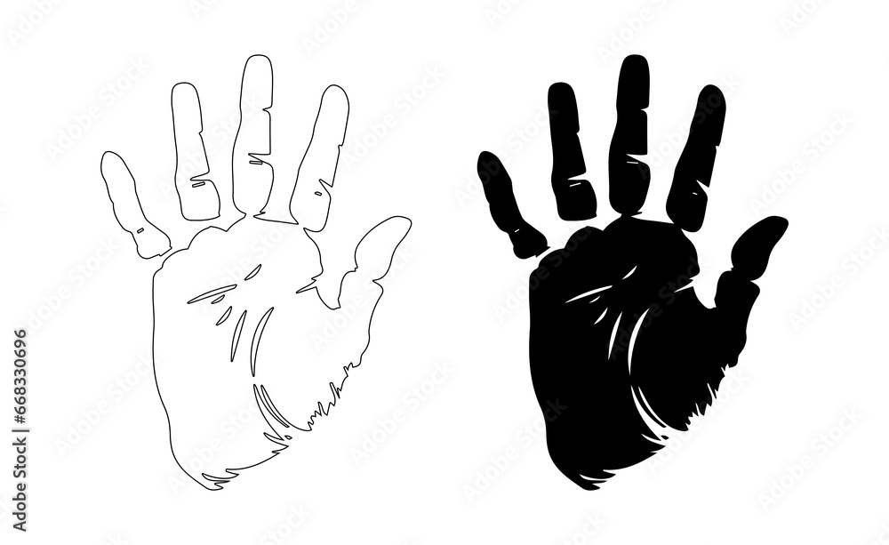 Fototapeta premium Human handprint. Adult handprint. Human fingers and palm of hands. Silhouette, outline. Icon. Vector isolated on white. For design, print, textile, postcard, poster. Ink stain.