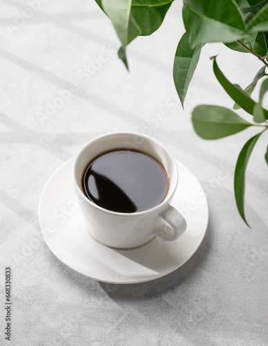 A white cup of black aromatic coffee on a light background with green branch and shadow. Morning energy drink concept.