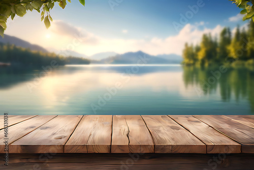 Product Showcase Rustic Wood Table Podium in lake with Natural Mountain Setting .jpg