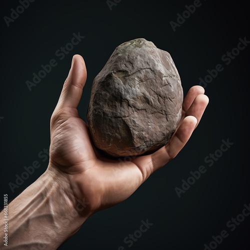 Let him without sin cast the first stone.  A man holds a stone getting ready to throw it. The stone has an image of his face looking back at him.  photo