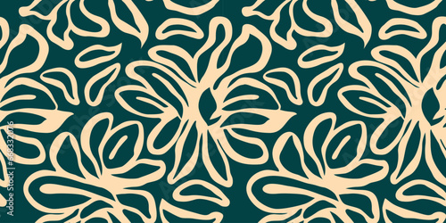 Abstract black and white flower art seamless pattern. Trendy contemporary floral nature shape background illustration. Natural organic plant leaves artwork wallpaper print. Vintage spring texture.