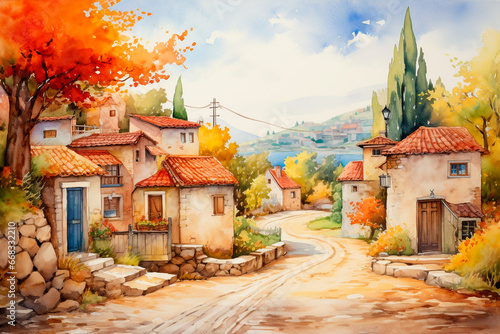 Warm and tidy little village town. Landscape background in watercolor style. Postcard concept.