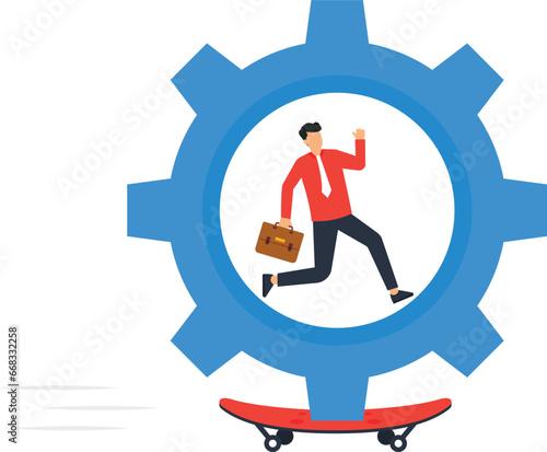 Businessman driving mechanical gear with laptop. Quickly Implementation of the process. Efficient work system control concept

