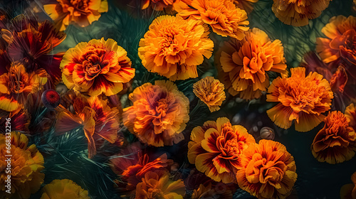 Flowering yellow and orange marigolds close-up.