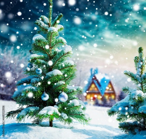 Christmas illustration, Christmas tree in front of house, while snowing