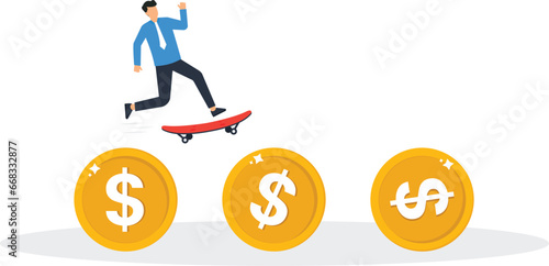 Financial instability, uncertainty or unstable investment market, risky situation or economic recession, crisis or bankruptcy concept, businessman investor falling from stack of unstable money coins.

