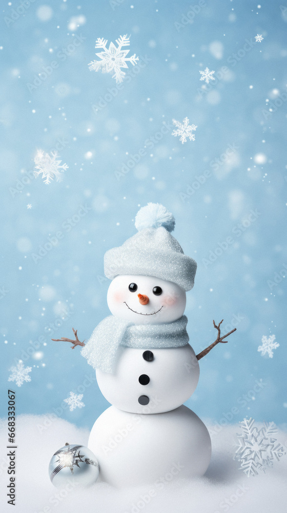 White christmas snowman with snow and snowflakes on a blue sky background. White christmas snowman with snow and snowflakes on a blue sky background.