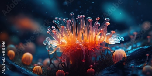 Fototapeta Naklejka Na Ścianę i Meble -  Wonderful aquatic life in ocean seabed. Anemone. Coral reef design. Illustration for cover, card, postcard, interior design, banner, poster, brochure or presentation.