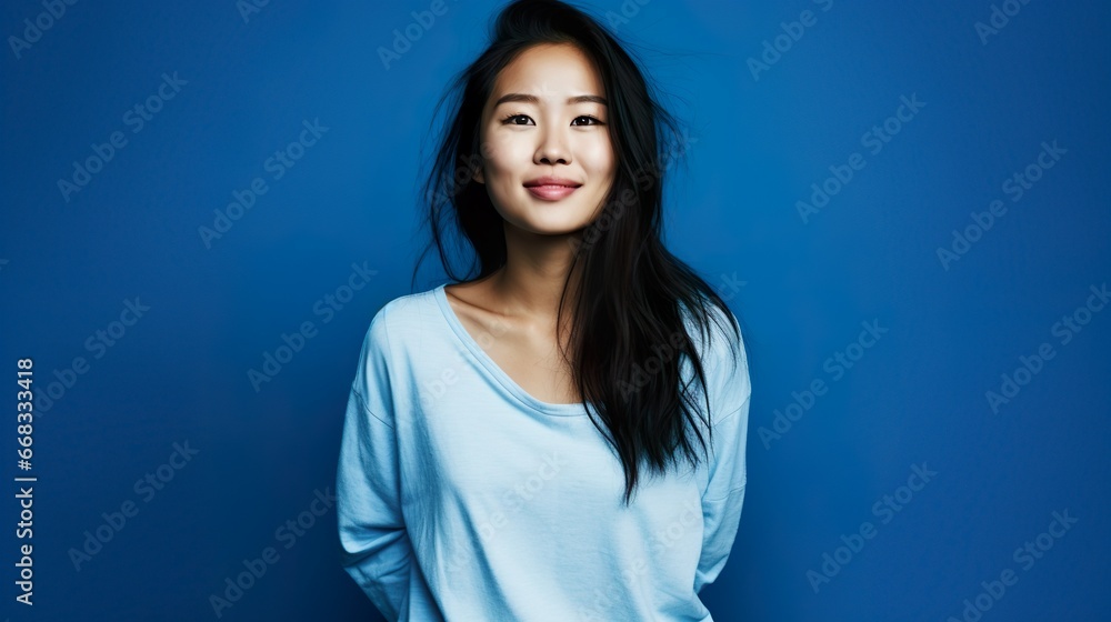 Portrait of an asian woman with blue background made with Ai generative technology, Person is fictional Portrait of an asian woman with blue background made with Ai generative technology, Person is fictional
