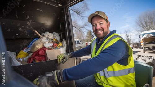 Smiling Male Worker Collecting Garbage in his Truck, Uniformed, City Cleanup Service photo