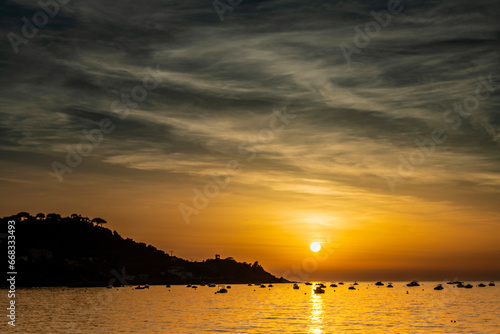 Sunset landscape with Plage du Sagnone  Corsica island  France