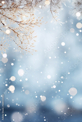 blue and white winter background with falling snow and bokeh with space for text, christmas and winter background © Tina