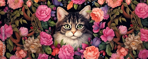 cat and flowers, animal on spring, cute cat on floral background photo