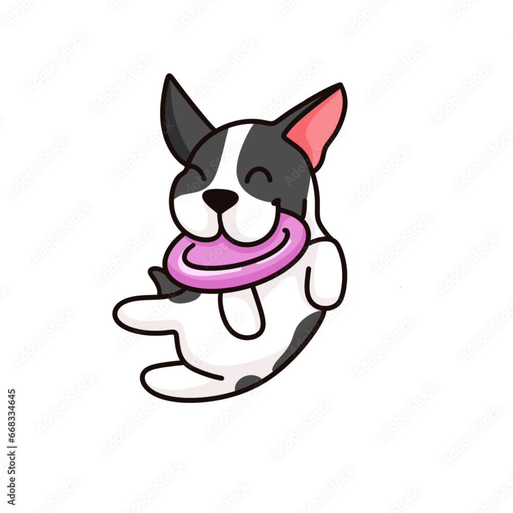 Cute spotted white and black bulldog happy jumping and playing with a Frisbee Cute spotted white and black bulldog happy jumping and playing with a Frisbee