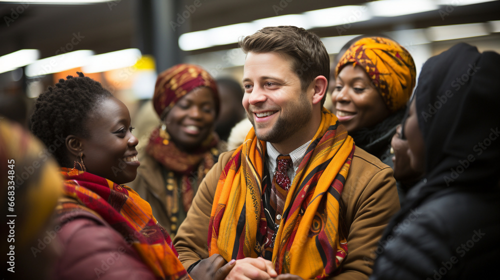 A multicultural train station with passengers from diverse backgrounds greeting one another with handshakes and open arms, symbolizing unity and acceptance A multicultural train station with passengers from diverse backgrounds greeting one another with handshakes and open arms, symbolizing unity and acceptance
