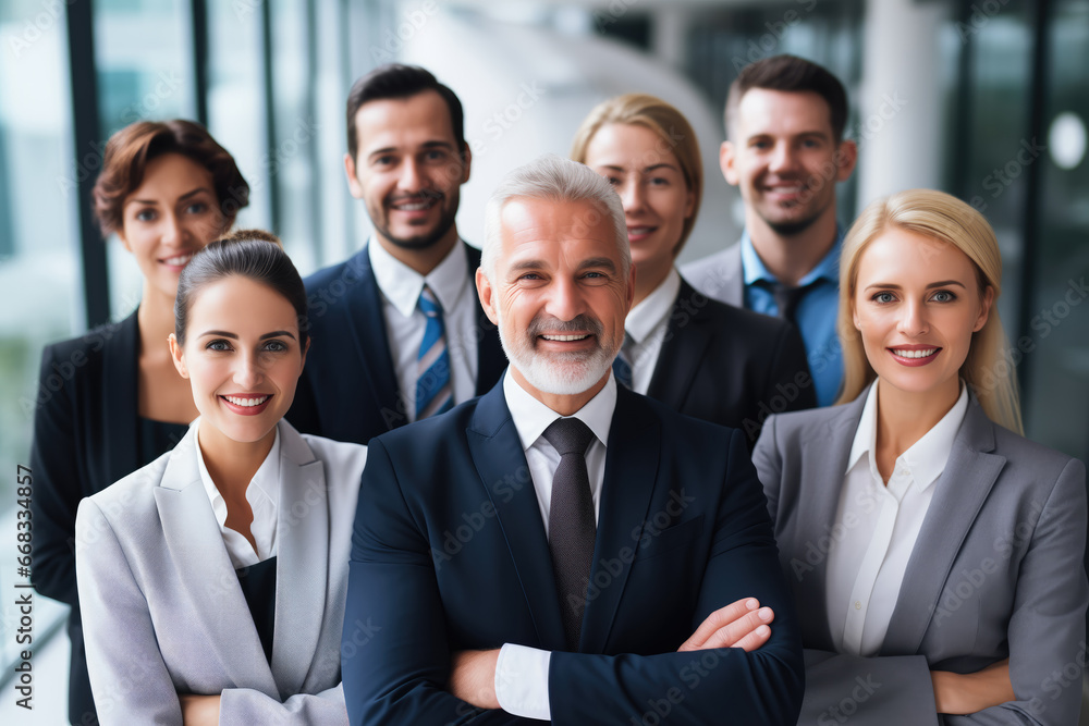 Portrait of a smiling business team standing in a row with arms crossed Portrait of a smiling business team standing in a row with arms crossed