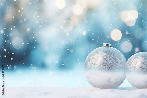 blue and white winter background with falling snow and bokeh and christmas balls with space for text, christmas and winter background