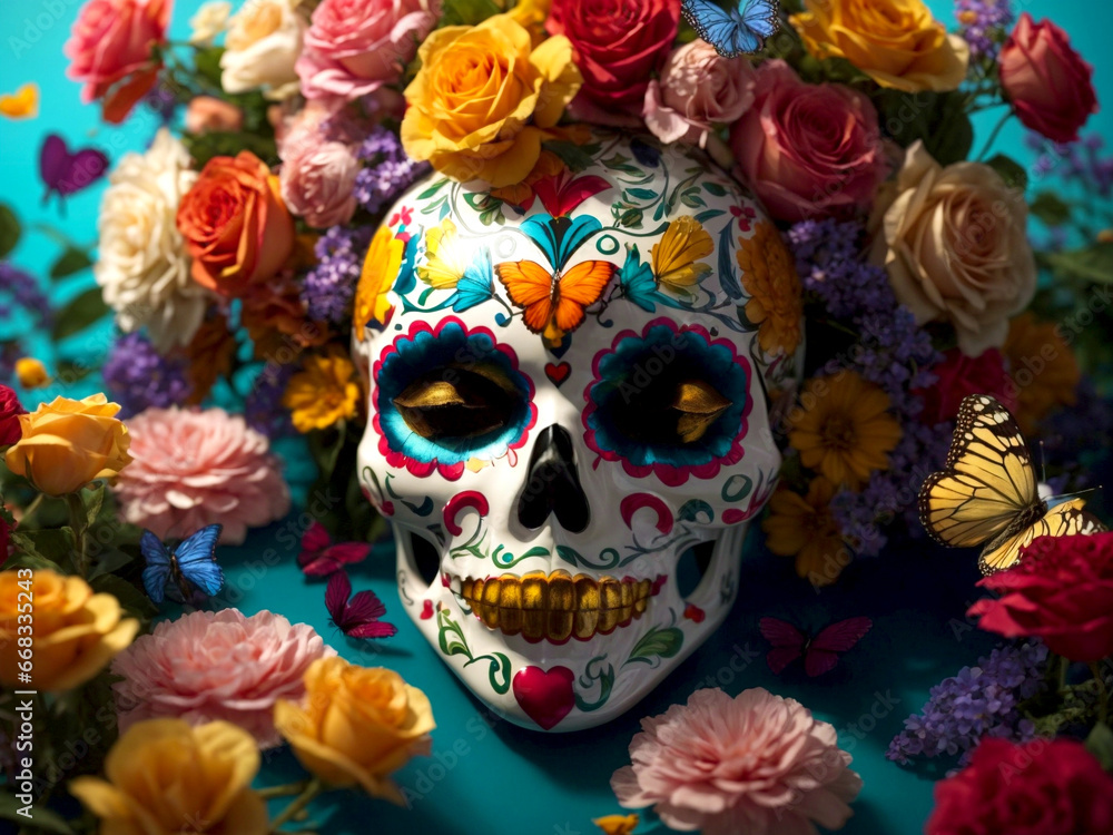 Hispanic heritage sugar skull. Day of the dead, Dia de los muertos. Colorfully painted skull with colorful patterns and designs is surrounded by vibrant flowers and butterflies. 