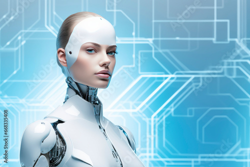 A humanoid female robot on a bright background. Minimalism. Future. 