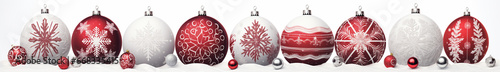 Wallpaper Mural Banner Of Shiny Red, White And Silver Christmas Ornament Balls Decorated With Snowflakes Lined Up In A Row On White Background Created With Generative AI Technology Torontodigital.ca