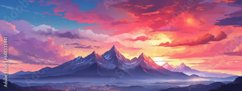 A sky at twilight with a vivid, fiery red sunset, setting behind a dramatic mountain range, Anime Style.