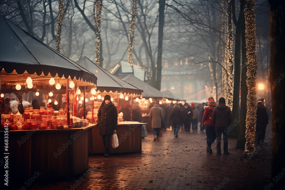 Mercado de Navidad bullicioso: Gente disfrutando de las compras y la festividad - obrazy, fototapety, plakaty 