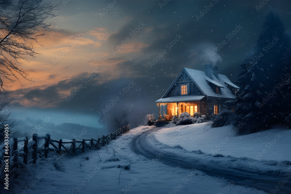 Beleuchtete Blockhütte in wunderschöner Winterlandschaft, mit viel Schnee