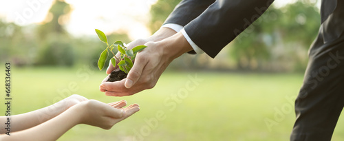 Panorama, businessman handing plant or sprout to young boy as eco company committed to corporate social responsible, reduce CO2 emission and embrace ESG principle for sustainable future.Gyre photo