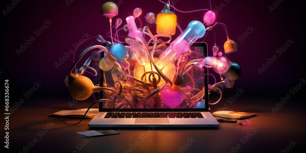 A Laptop Surrounded by a Glowing Light Bulb and Colorful Idea Objects, Signifying the Dynamic Intersection of Marketing, Creative Campaigns, Business Solutions, and Startup Success, Fueled by Entrepre