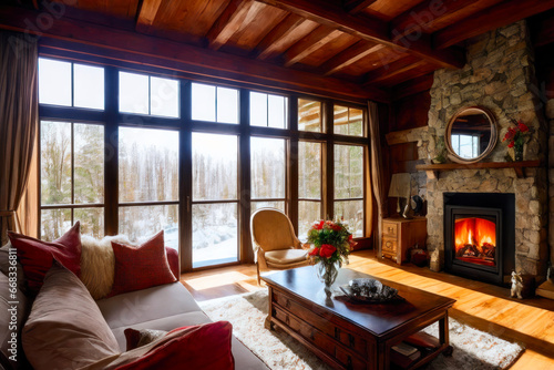 A cozy living room with a fireplace  surrounded by wooden walls and floor. Interior design