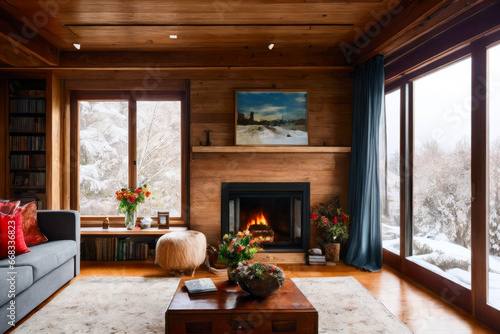 A cozy living room with a fireplace  surrounded by wooden walls and floor. Interior design